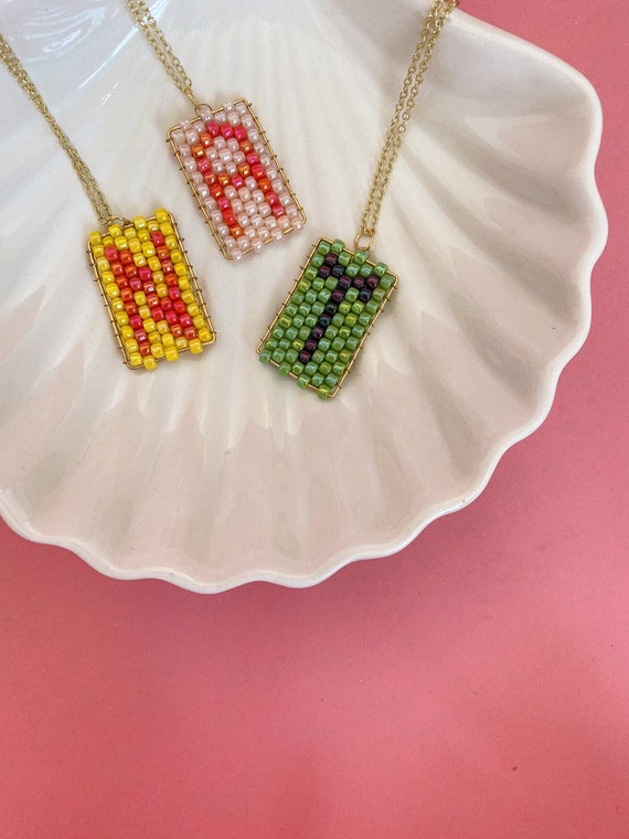 Bead Weaving Initial Her Necklace Colorful Unique Seed Bead Jewelry Pendant Bead Design Unique Initial Necklace Beaded Gift Bead Necklace Etsy