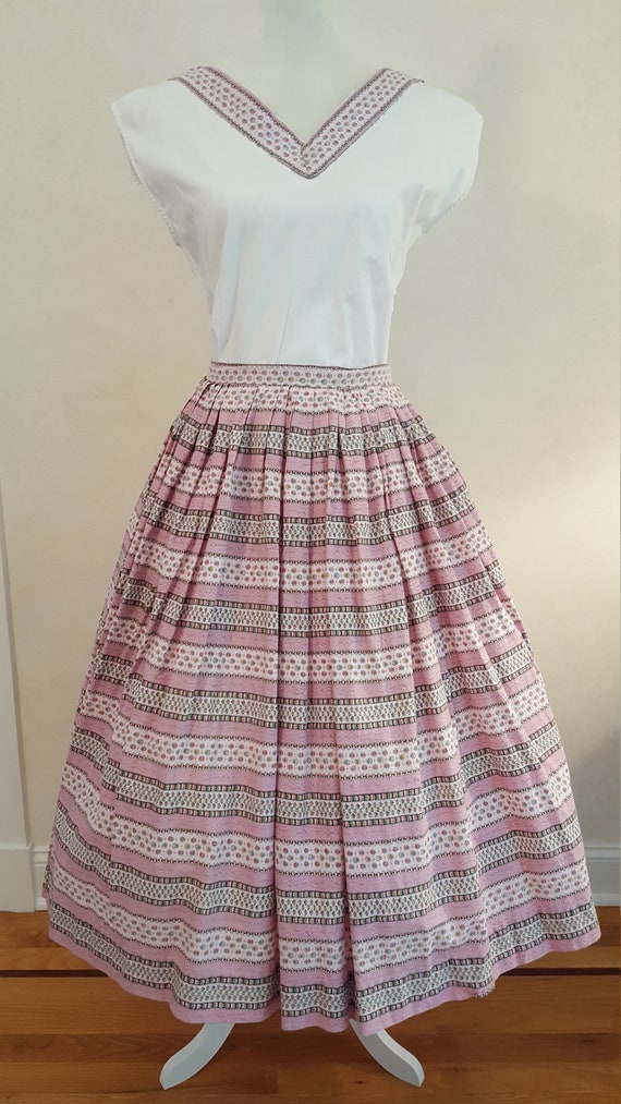 Vintage 50's Pink Floral Stripe Cotton Skirt & To… - image 2