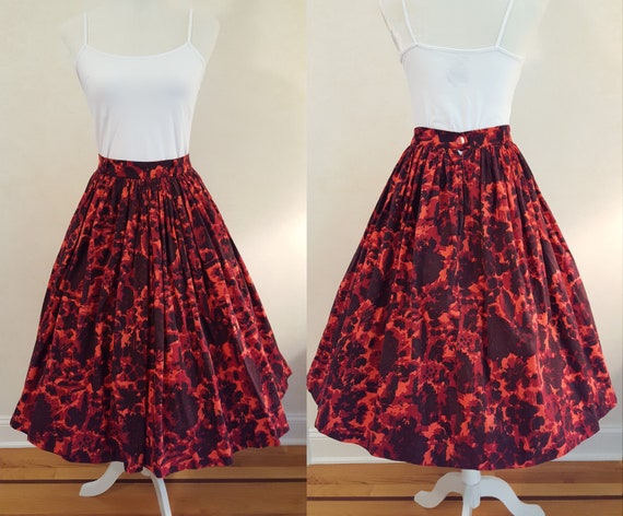 Vintage 50's 'Lava' Floral Print Cotton Skirt 27"… - image 1