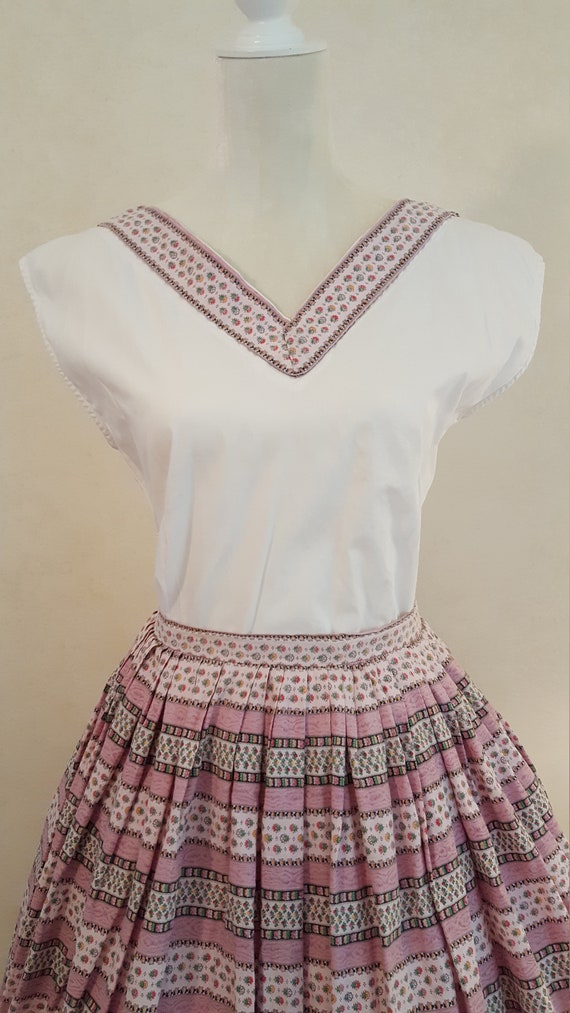 Vintage 50's Pink Floral Stripe Cotton Skirt & To… - image 3