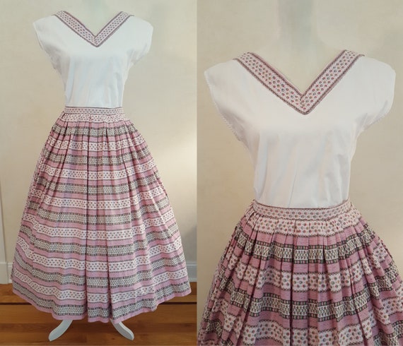 Vintage 50's Pink Floral Stripe Cotton Skirt & To… - image 1