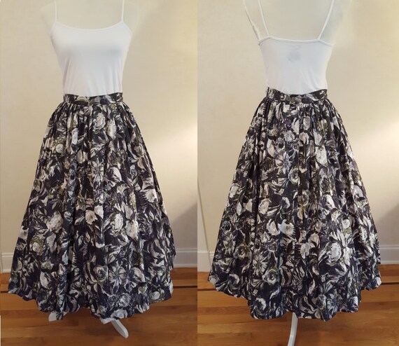 Vintage 50's Gray and Olive Floral Print Cotton S… - image 1