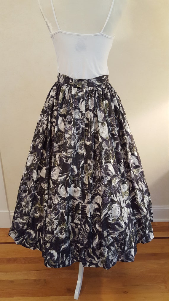 Vintage 50's Gray and Olive Floral Print Cotton S… - image 3