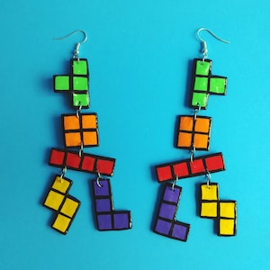 Vibrant colors Tetris Inspired long earrings/80s nostalgia gifts/Handmade Paper Mache Earrings/dangle and drop/light weight and comfortable