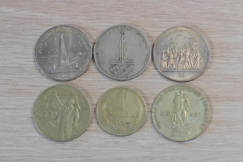 made in the USSR in 1970,russian antiques Collectible Set of 6 metal Soviet coins 1 ruble