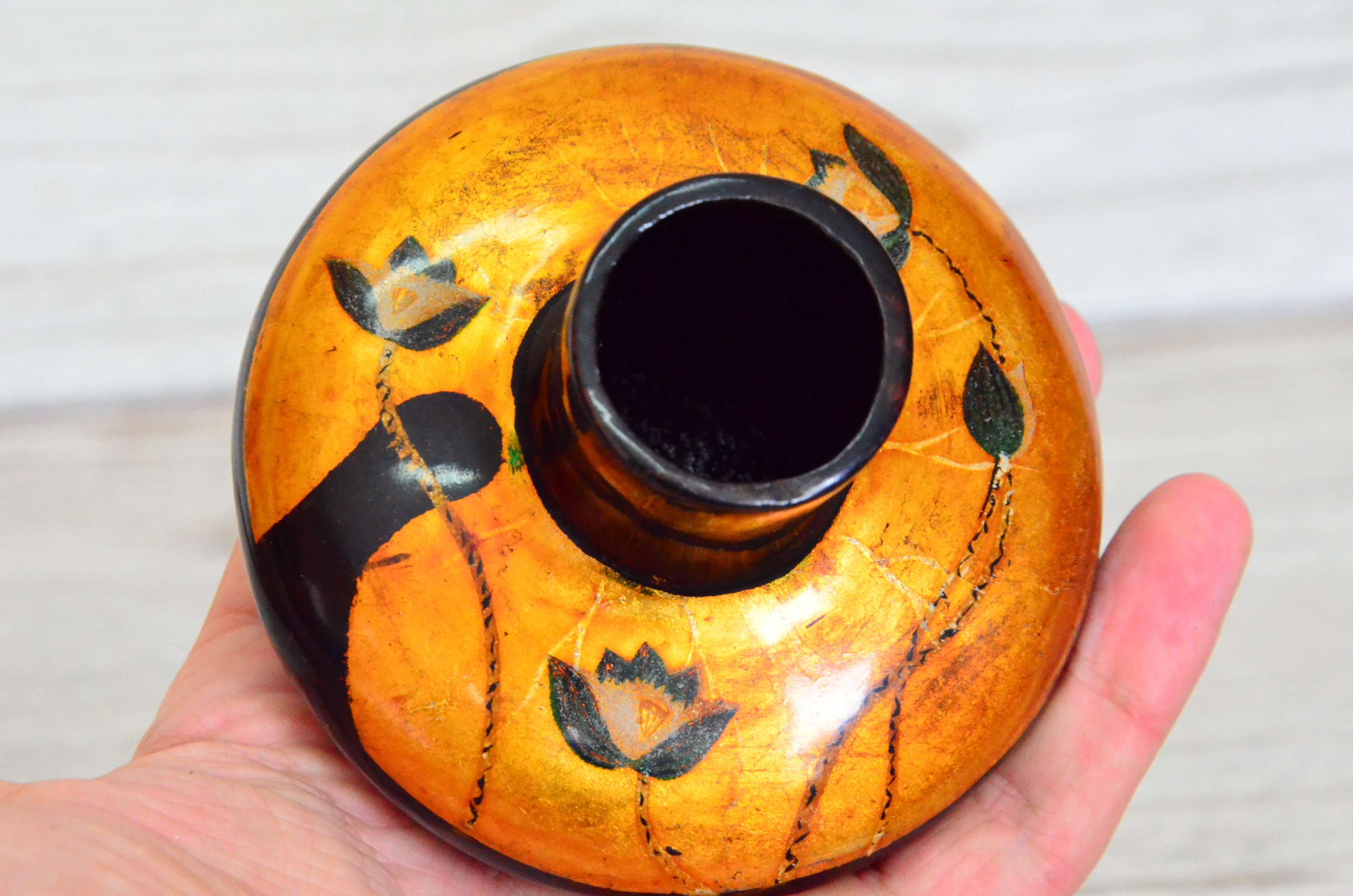 Vintage Vase Painted Wooden Vase Vietnam Black Gold Golden Etsy