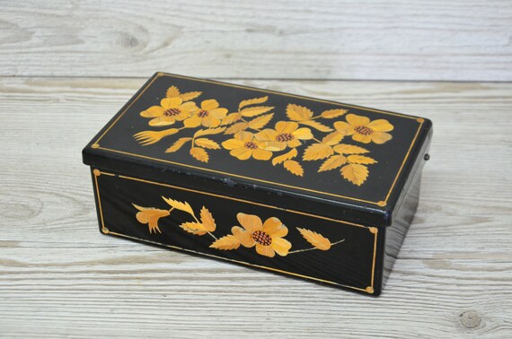 Vintage Black Jewellery Box Travel Domed Case Casket with Carrying Handle Inside Mirror