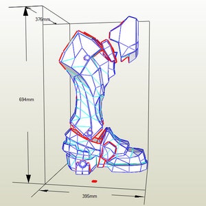 May include: A 3D model of a robot leg, printed on paper, with blue and red lines. The model is 376 mm tall, 694 mm long, and 395 mm wide.