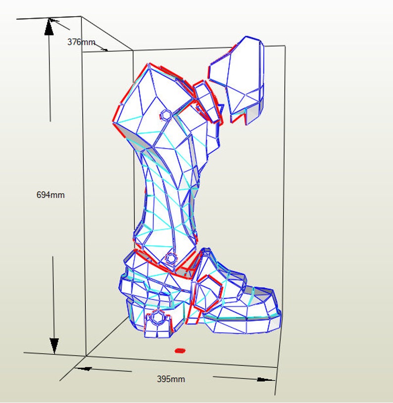 May include: A 3D model of a robot leg, printed on paper, with blue and red lines. The model is 376 mm tall, 694 mm long, and 395 mm wide.