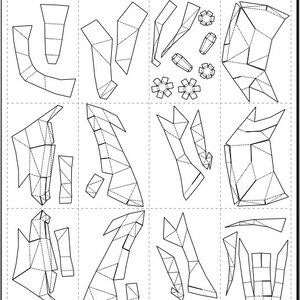 May include: A black and white origami papercraft pattern for a 3D model of a dragon. The pattern includes multiple pieces that need to be cut out and folded to create the dragon.