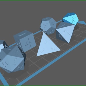 May include: A collection of light blue polyhedral dice, including a D4, D6, D8, D10, D12, and D20, arranged on a grid. Each die features etched numbers. The dice are designed for tabletop role-playing games.