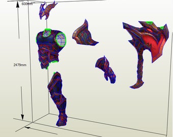 May include: A papercraft pattern for a red and black armor set with a large axe. The pattern is printed on white paper and includes instructions for assembly.