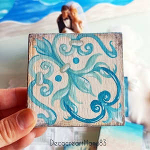 bomboniera tema mare, quadretto di legno con soggetti marini, bomboniera Comunione personalizzata, festa tema mare, quadretti con pesci