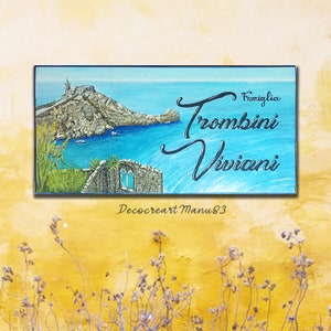 License plate for personalized family, plaque with family names, personalized street number with sea, Italian sea painting, new house gift