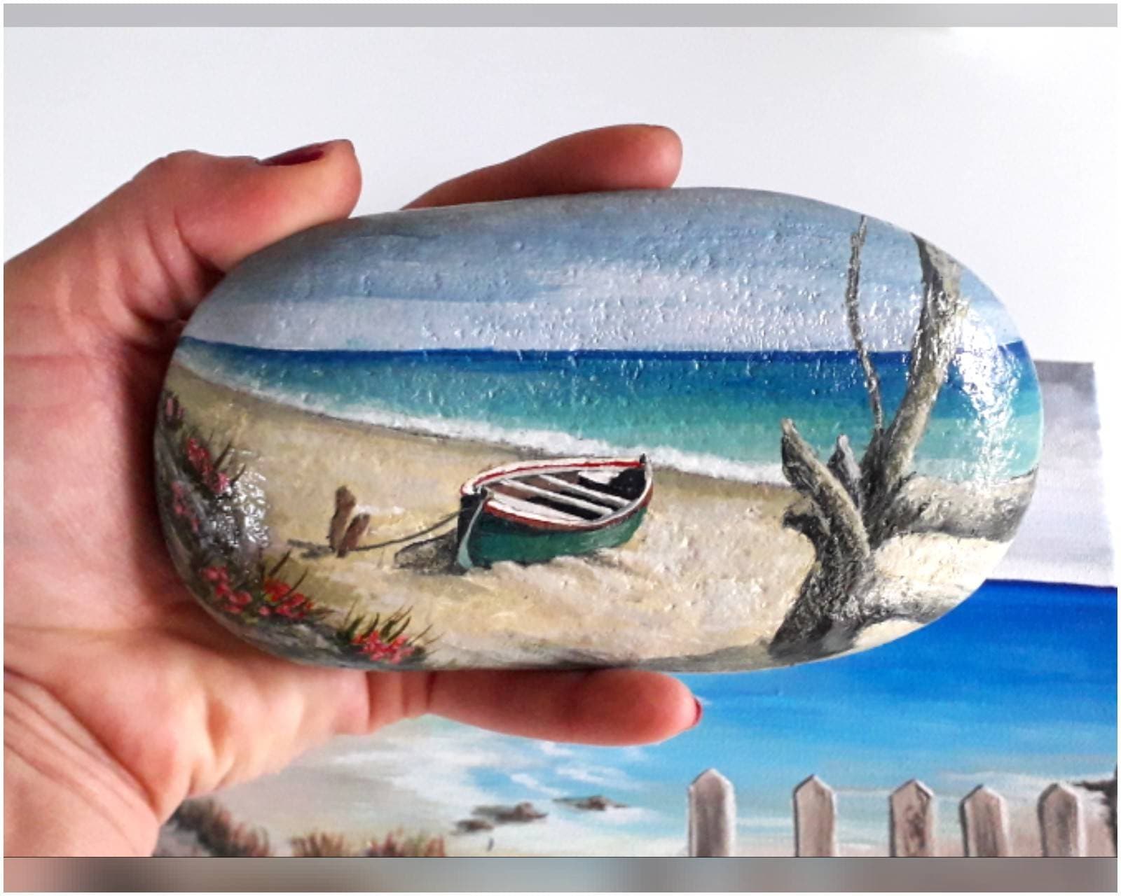 Hand painted stones with seascape, wedding favour hand psinted, gift for new house, sea home decor, painting with beach, decorative doorstop