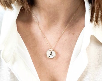 MUSE necklace // Customizable white mother-of-pearl medallion with a gold initial on gold stainless steel chain