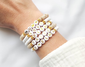 MANTRA SUMMER Bracelet // Heishi surfer beads on elastic thread to personalize // White alphabet beads, gold letters