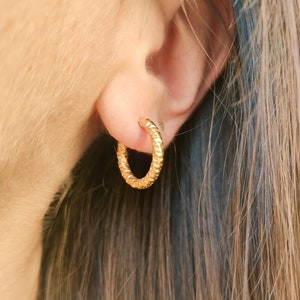 Puede incluir: Pendientes de aro de oro con un diseño trenzado. Los pendientes se llevan en la oreja de una persona.