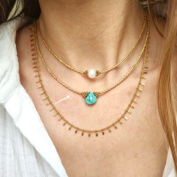 Collier OLYMPE - Turquoise // Choker en perles Miyuki plaqué or et pierre fine