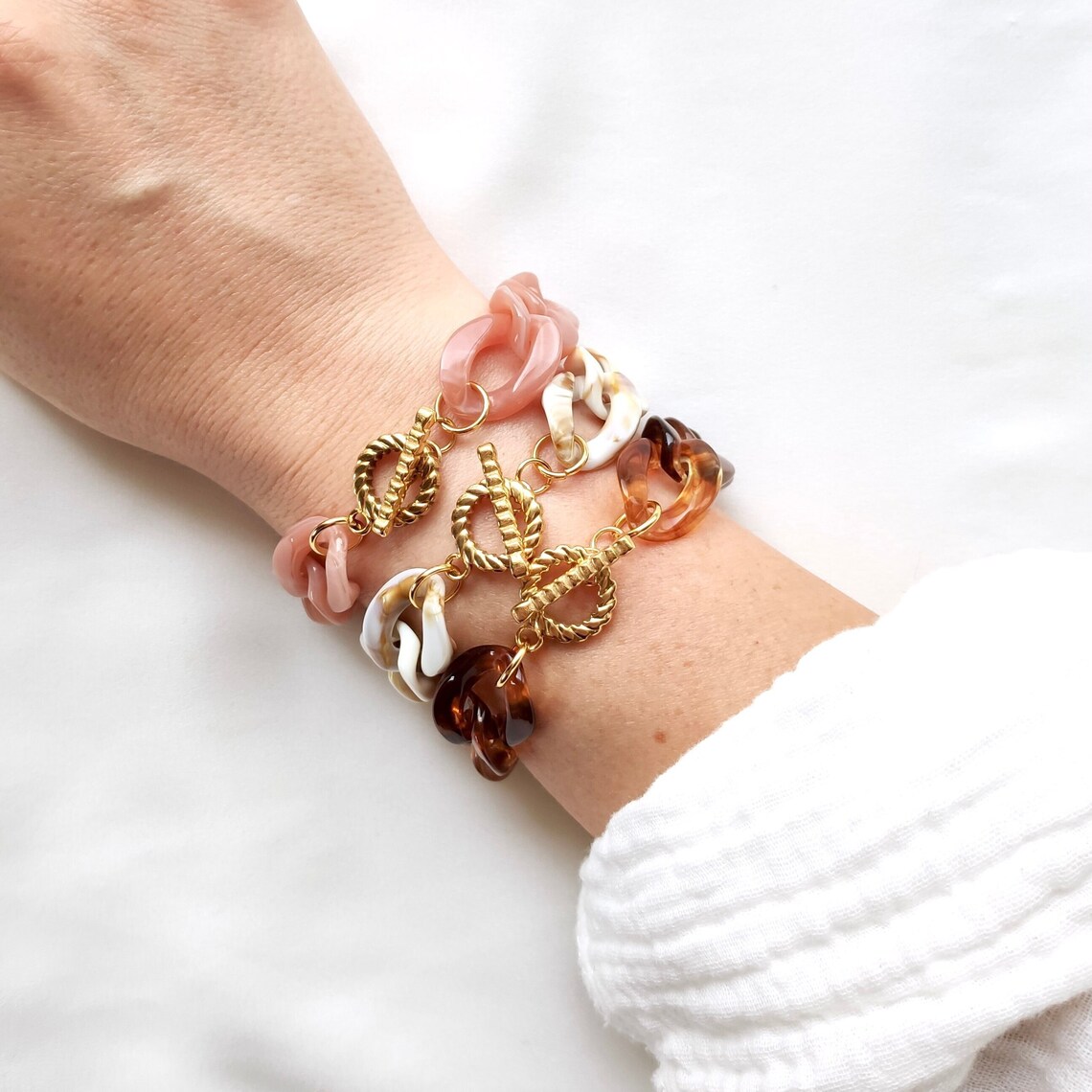 Bracelet vintage à gros maillons en métal argenté 7,5 pouces de long avec fermoir à boucle déployante, bijoux tendance rétro audacieux - France