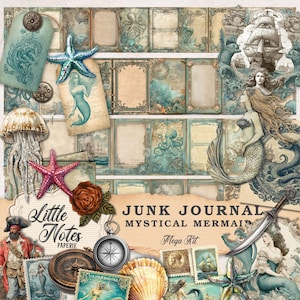 Kit de diario de sirena, descarga digital, páginas imprimibles con temática oceánica, material de scrapbooking para manualidades, imágenes prediseñadas imprimibles con temática oceánica.