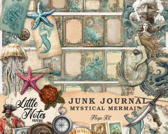 Kit de diário de sereia, download digital, páginas para impressão com tema de oceano, itens efêmeros para scrapbooking e artesanato, clipart para impressão com tema de oceano