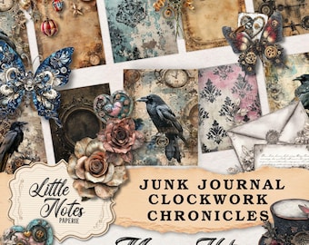 Kit de diário Steampunk Junk, itens vintage imprimíveis, páginas de scrapbook digital, materiais de artesanato para diário, itens digitais imprimíveis