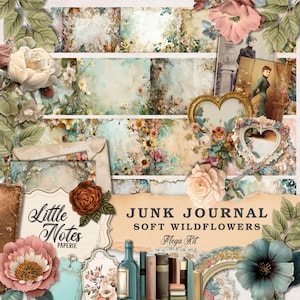 Wildflower Junk Journal Kit, Printable Floral Pages, Vintage Ephemera, Digital Scrapbook Paper, Craft Supplies Vintage Digital Scrapbook Kit