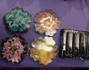 Abstract Flower resin Coaster Set and Holder