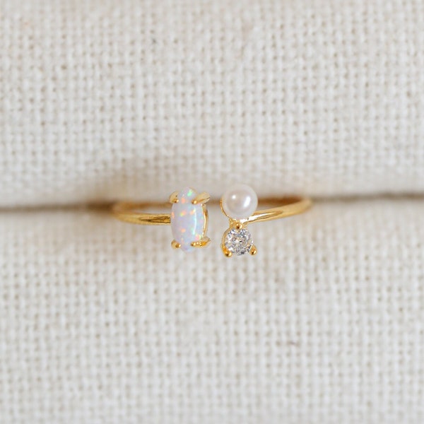 Opal Dainty Ring with Pearl and Cubic Zirconia stone, Minimalist Rings that is Gold Plated with 14K