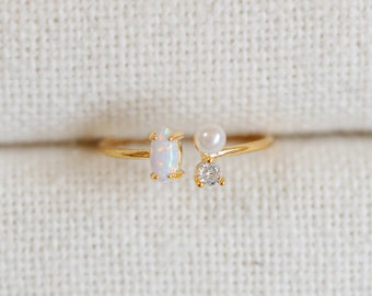 Opal Dainty Ring with Pearl and Cubic Zirconia stone, Minimalist Rings that is Gold Plated with 14K