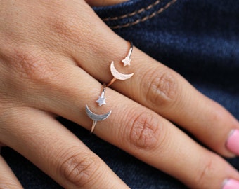 Star Crescent Moon Dainty Ring - Celestial Jewelry, Star and Moon ring