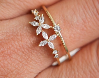 Dainty Flower Ring with double band | Dainty Floral Cubic Zirconia Stone Ring