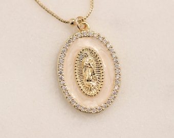 Mother Virgin Mary Gold Necklace, Guadalupe Jewelry