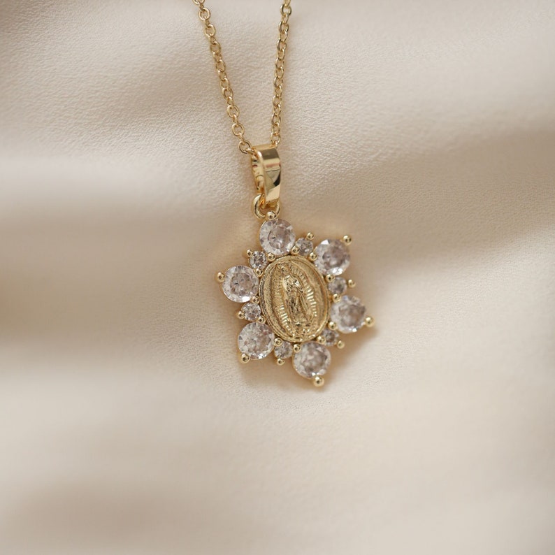 Virgin Mary Flower Pendant Gold Filled Necklace With Cubic Zirconia ...