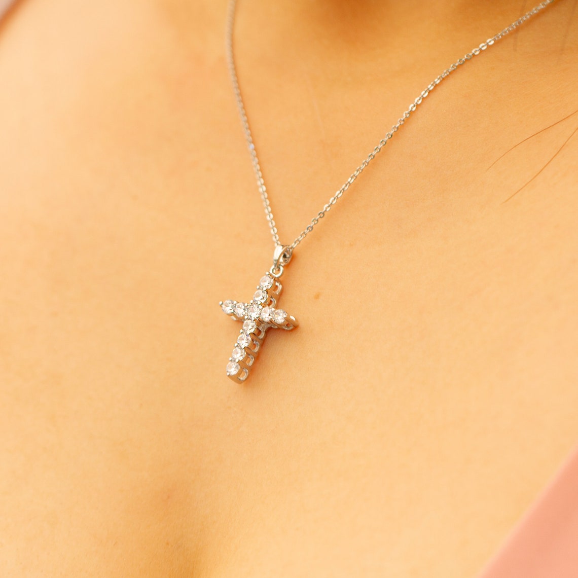 Dainty Cross Necklace Rhinestone Cross Necklace Cross Etsy