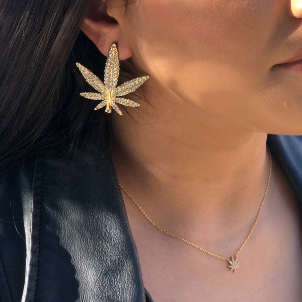 Marijuana Leaf Drop Rhinestone Earrings