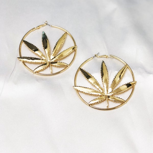 Cannabis Leaf Thin Hoop Earring, Hemp Leaf Hoops, Cannabis Hoops Earrings