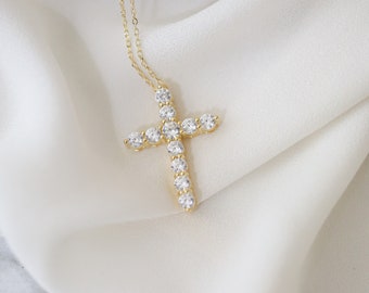 925 Sterling Silver Gold Cross Pendant Necklace with Cubix Zirconia Stones