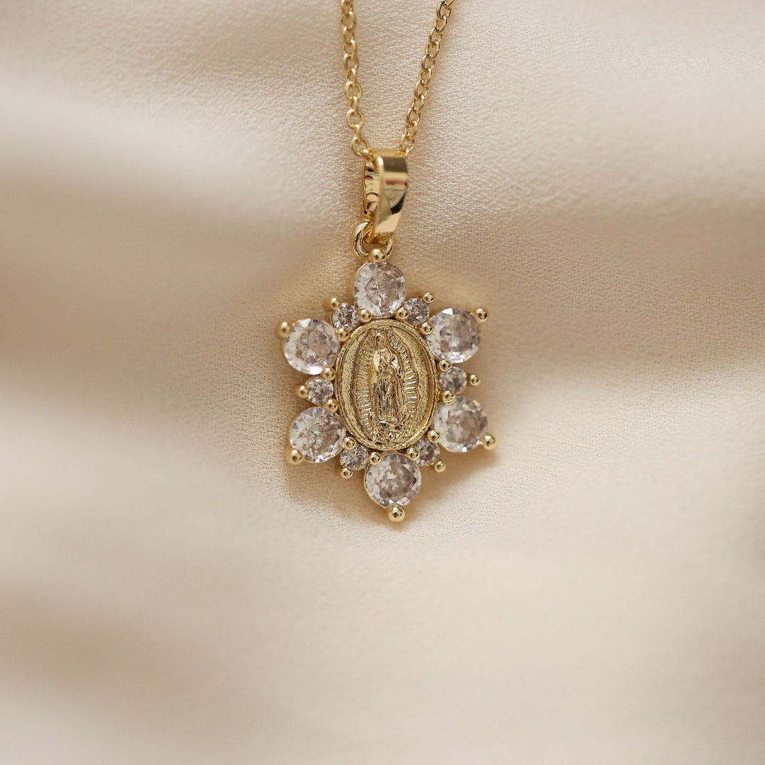 Virgin Mary Flower Pendant Gold Filled Necklace With Cubic Zirconia ...