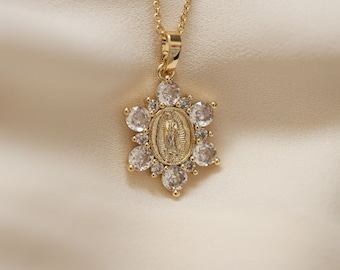 Virgin Mary Flower Pendant Gold Filled Necklace with Cubic Zirconia Stones
