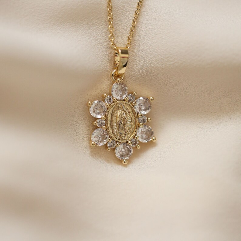 Virgin Mary Flower Pendant Gold Filled Necklace With Cubic Zirconia ...
