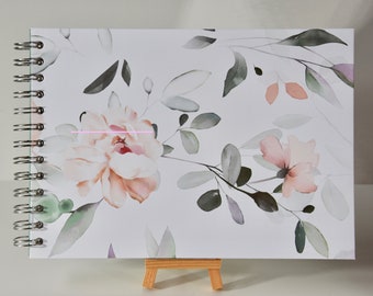 Photo album "Leaves with pink flowers" 25 x 18 cm with 20 white sheets, album for scrapbooking, sketchbook, guestbook