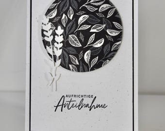 Carte de condoléances 3D « Cercle de la vie » avec feuilles et épi de blé, texte : Sincères condoléances, noir, gris et blanc crème