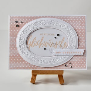 Geburtstagskarte "Geprägter Blumenrahmen", Text: Herzliche Glückwünsche zum Geburtstag, weiß/blütenrosa