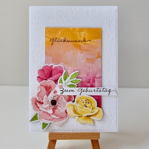 Biglietto di auguri di compleanno "Rose/Buon Compleanno", bianco/rosa/rosa/giallo/arancione