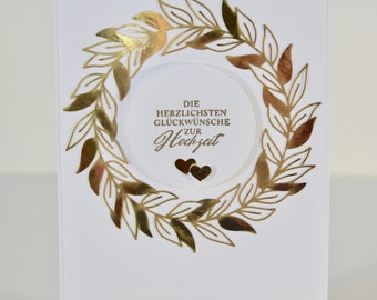 Hochzeitskarte "Goldener Blätterkranz", Text: Die herzlichsten Glückwünsche zur Hochzeit