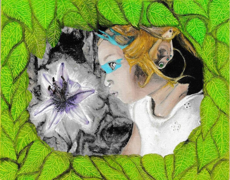 This beautiful 11x14 oil painting print was created with fairy fans in mind If you love fairies than you will enjoy this. Flower Gaze