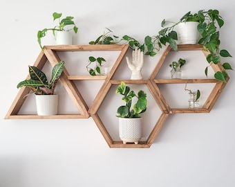 Set of Four Wood Hexagons and Triangles Shelves - 2 Hexagons + 2 Triangles - Home Decor - Honeycomb Shelves - Triangle Shelves