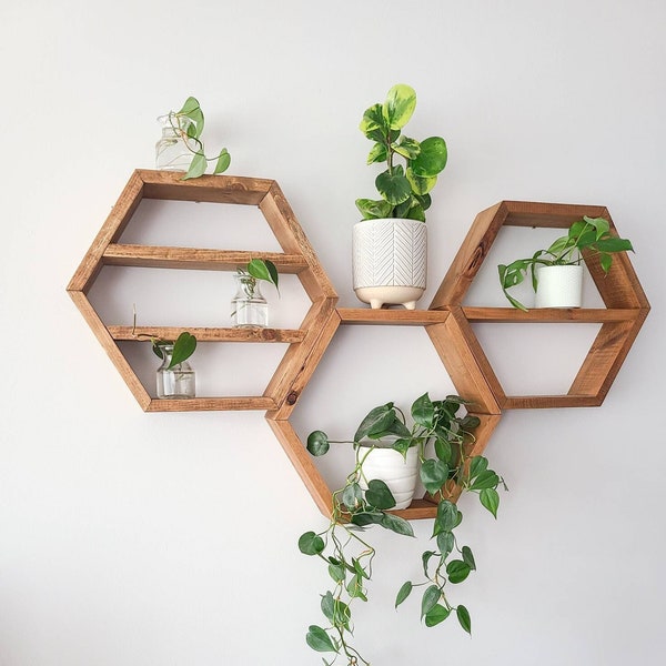 Set of Three Wood Hexagon w/Shelves - 3 Hexagons - Honeycomb Shelves - Geometric Shelves - Home Decor - Plant Display